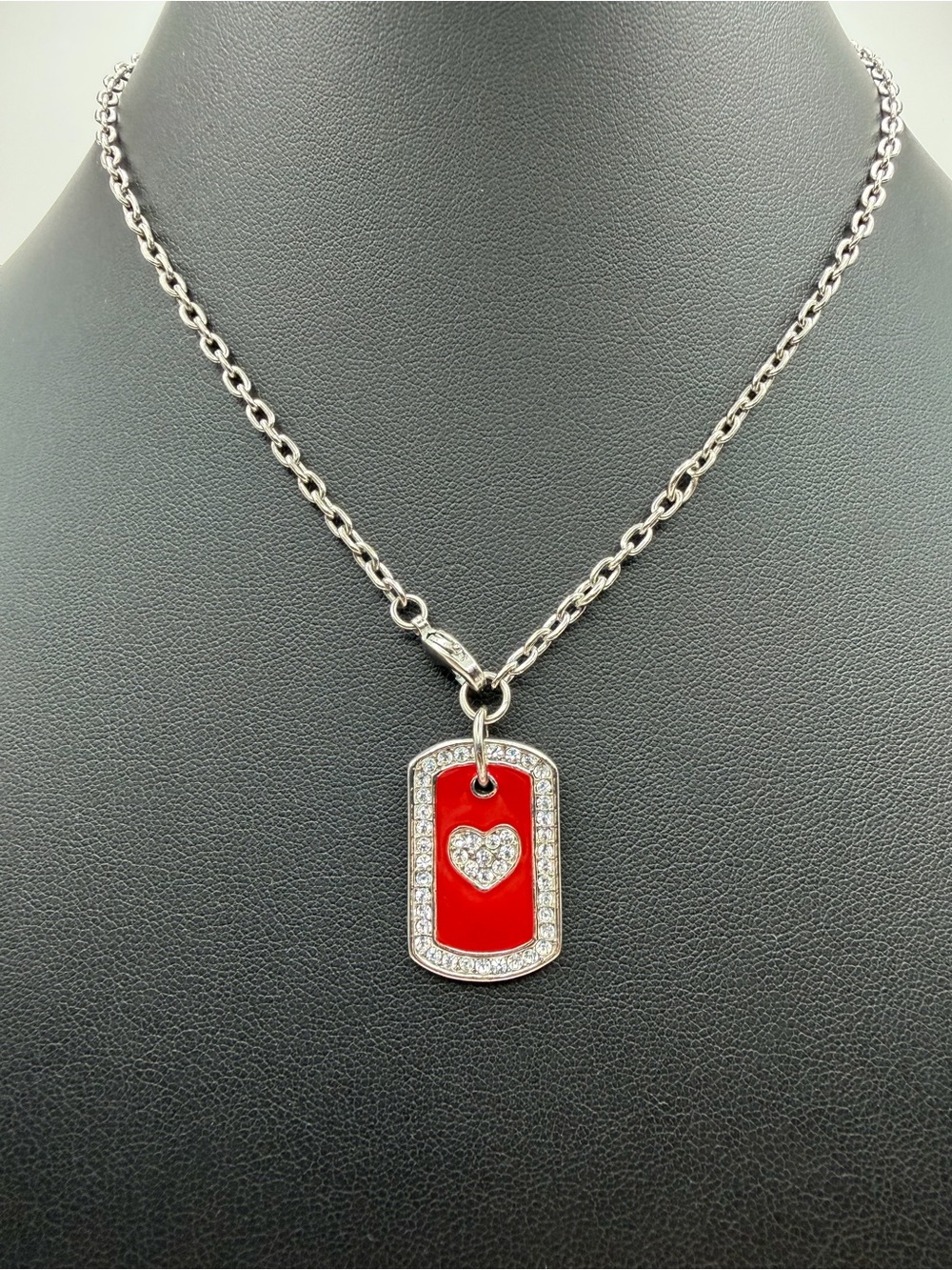 Red Enamel & Rhinestone Heart Pendant Necklace - Women Jewelry 16 inches